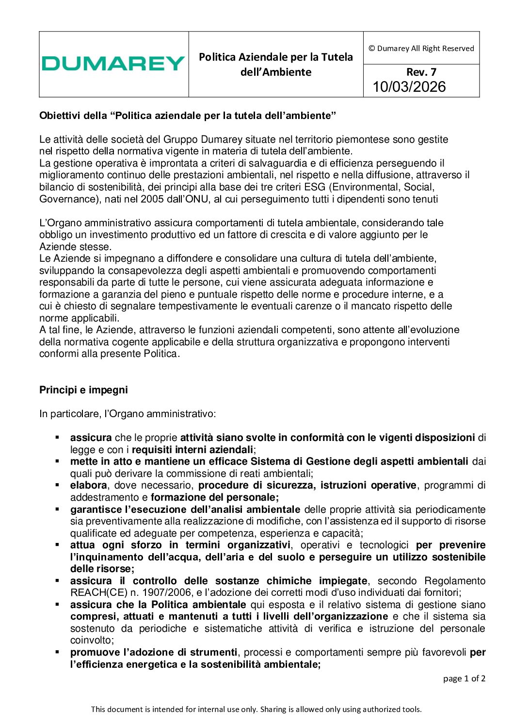 Politica Aziendale per la Tutela dellAmbiente