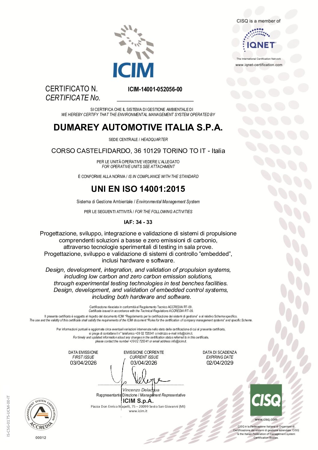 ICIM-14001-052056-00 DUMAREY AUTOMOTIVE ITALIA AND SOFTRONIX
