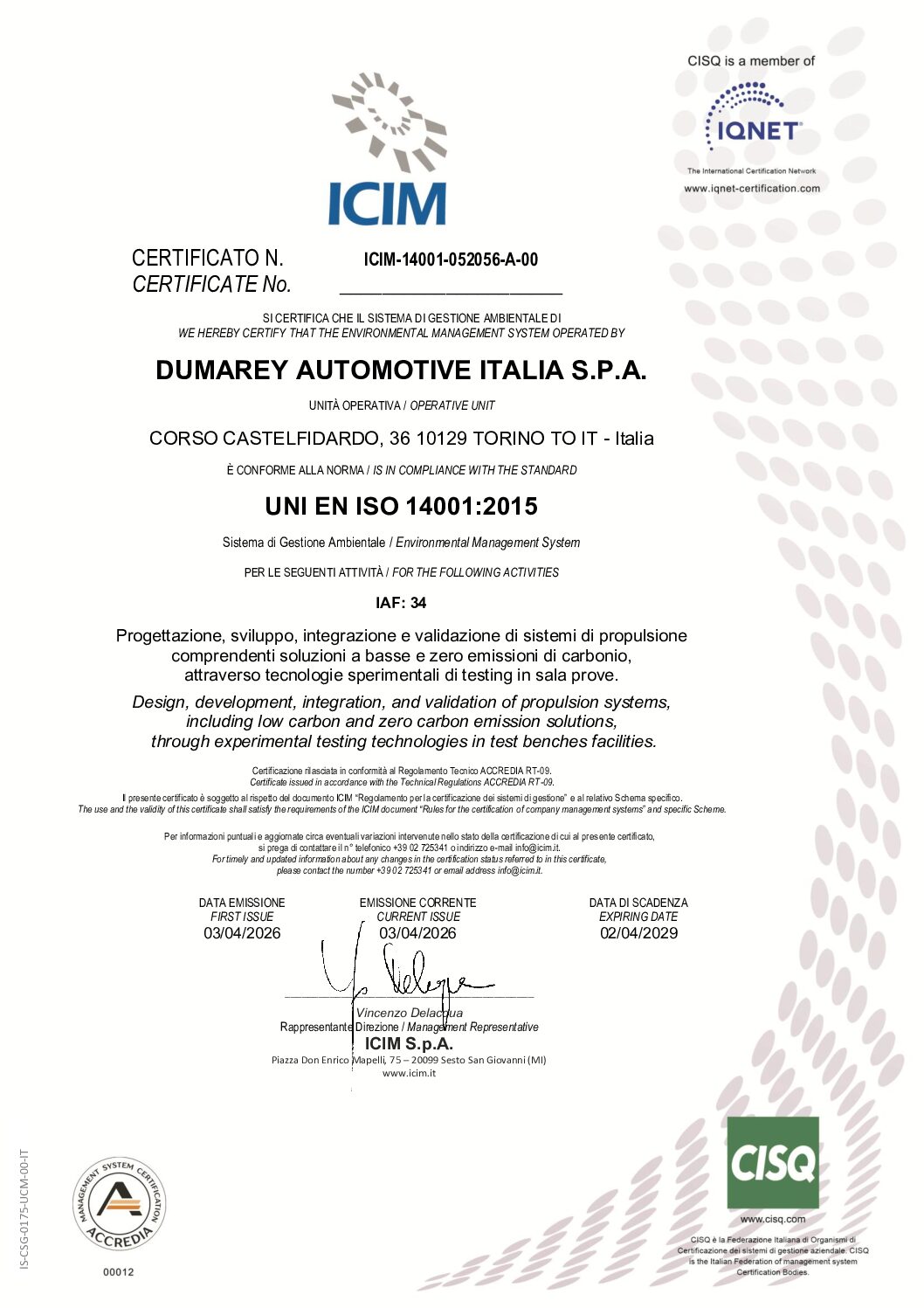 ICIM-14001-052056-A-00 DUMAREY AUTOMOTIVE ITALIA S.P.A